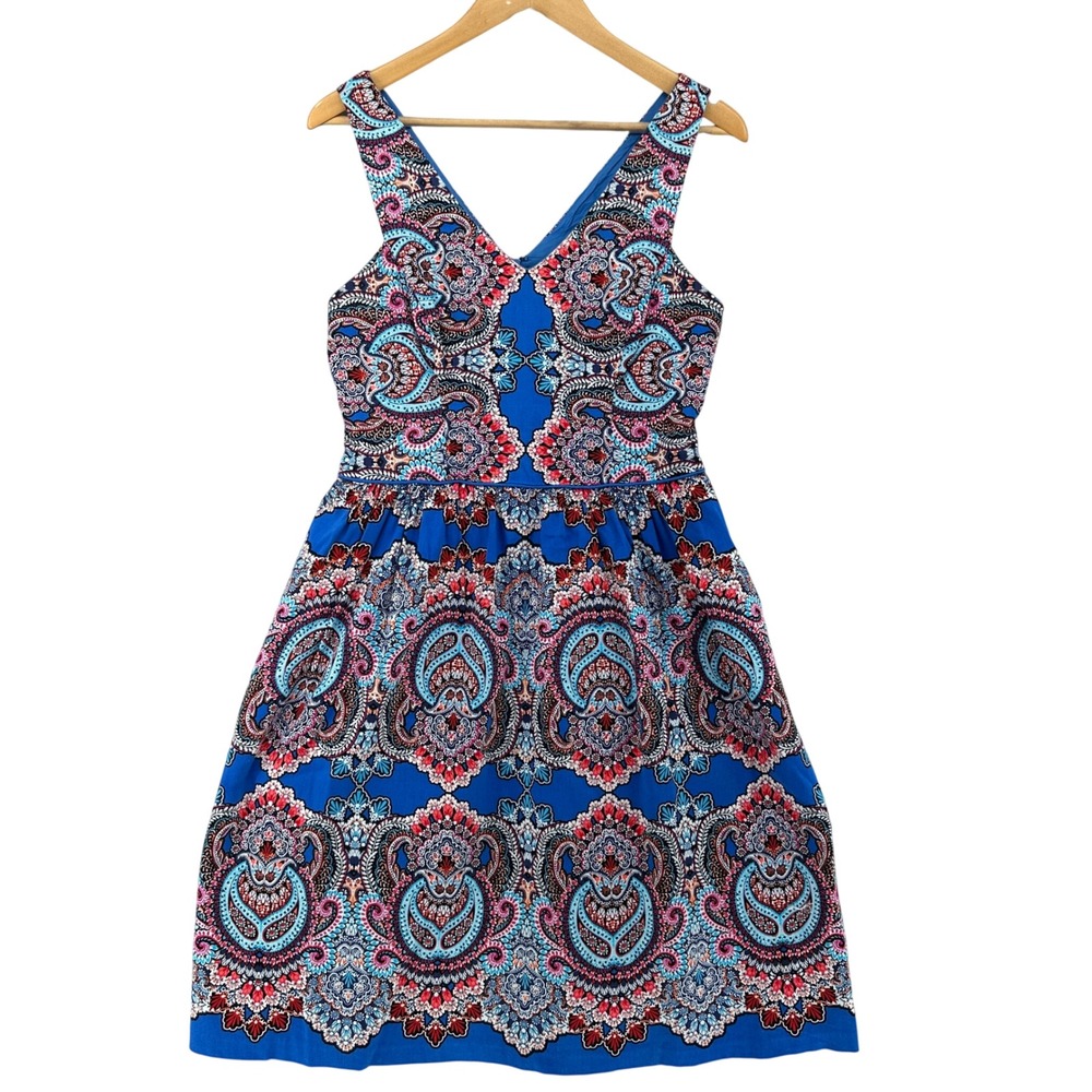 Maggy London Blue Paisley V-Neck Sleeveless Fit and Flare Pocket Dress Womens 8